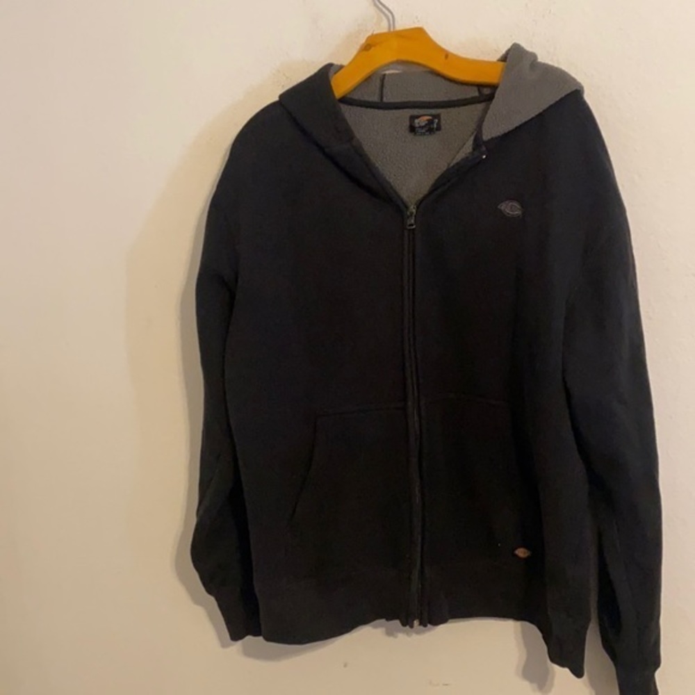 large black dickies full zip, gray interior fleece lined hoodie